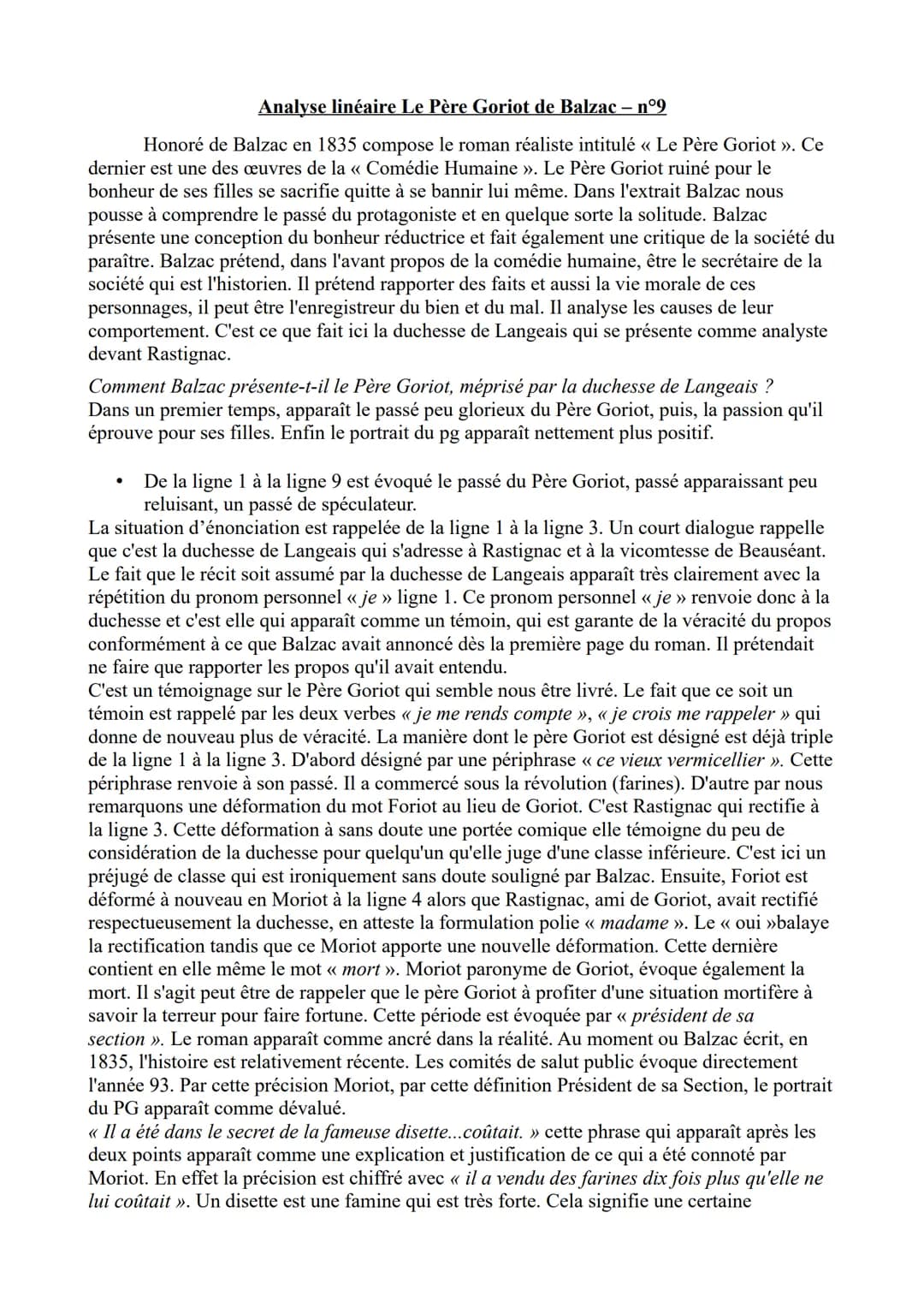 Analyse linéaire Le Père Goriot de Balzac - n°9
Honoré de Balzac en 1835 compose le roman réaliste intitulé « Le Père Goriot ». Ce
dernier e