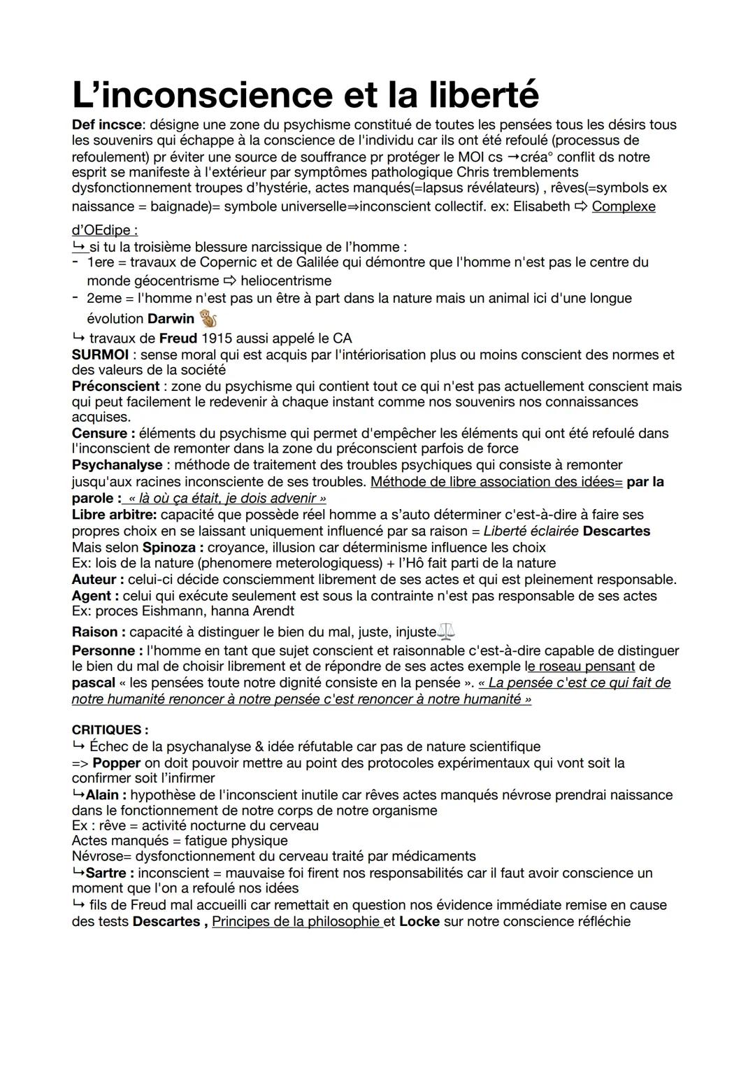 # L'inconscience et la liberté

Def incsce: désigne une zone du psychisme constitué de toutes les pensées tous les désirs tous
les souvenirs