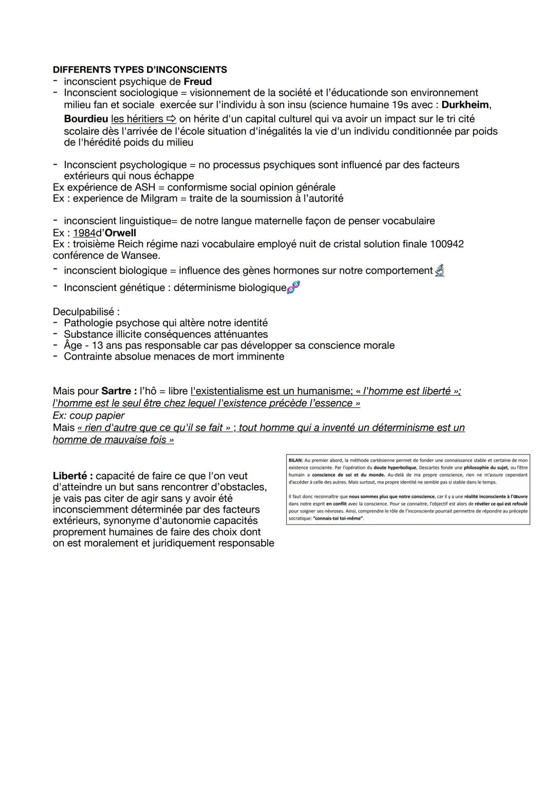 # L'inconscience et la liberté

Def incsce: désigne une zone du psychisme constitué de toutes les pensées tous les désirs tous
les souvenirs