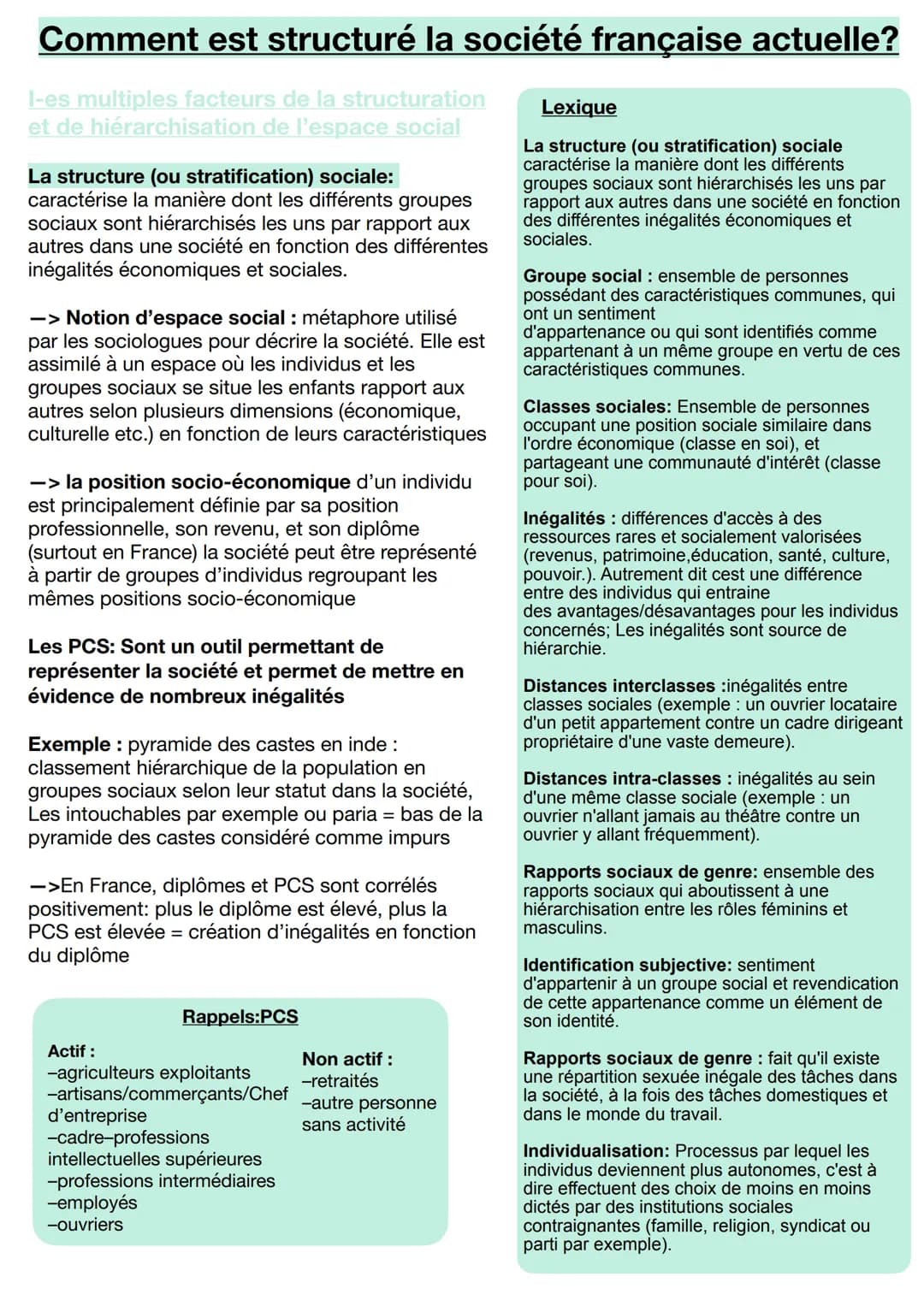 Comment est structuré la société française actuelle?
I-es multiples facteurs de la structuration
et de hiérarchisation de l'espace social
La