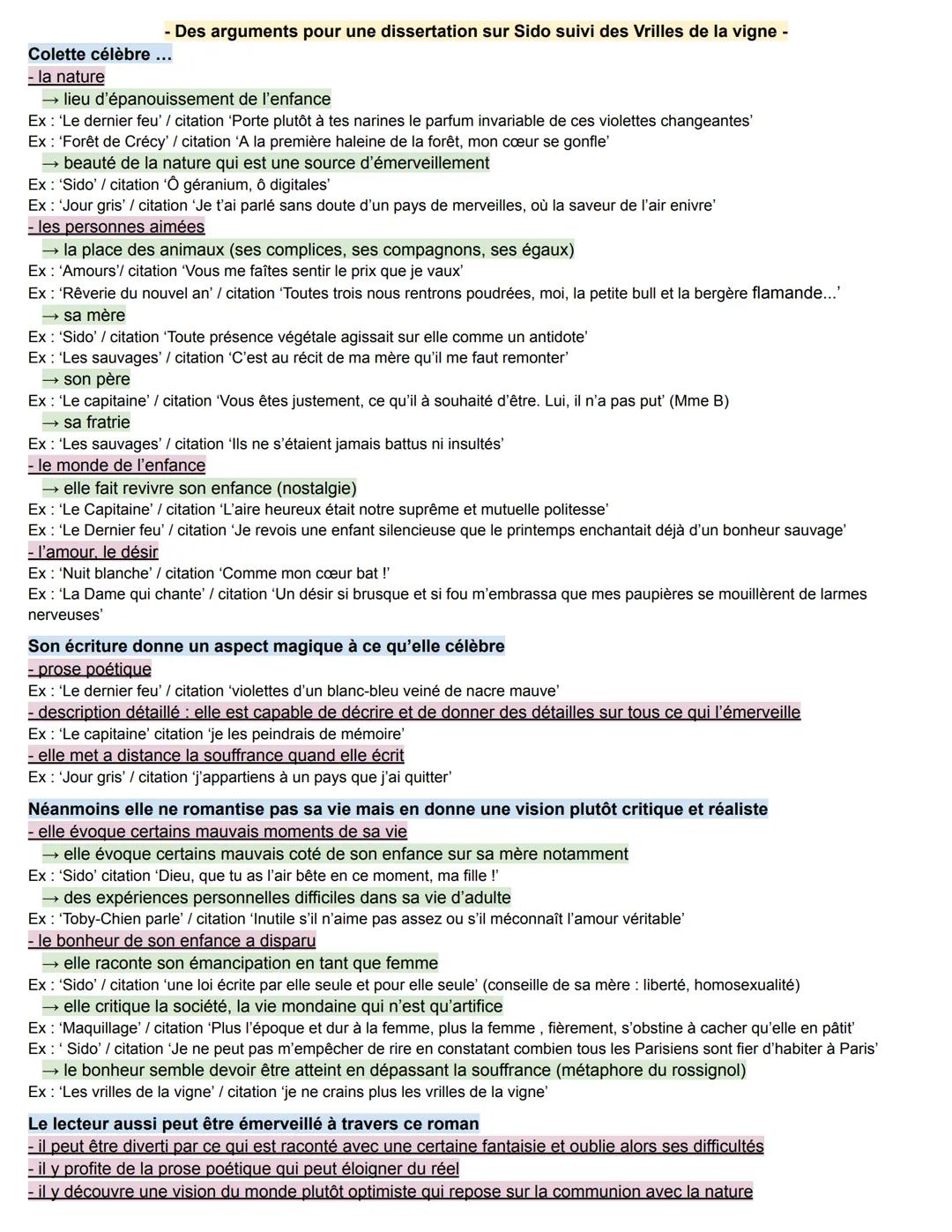--- OCR Start ---
Colette célèbre
- la nature
- Des arguments pour une dissertation sur Sido suivi des Vrilles de la vigne -
→ lieu d'épanou