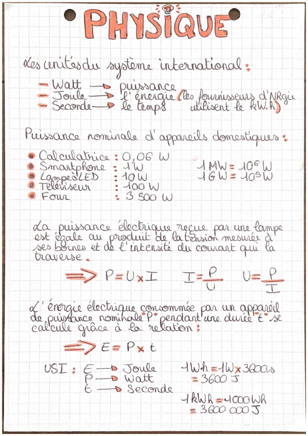 PHYSIQUE
Les unités du système international:
Joule
>
Watt puissance des fournisseurs d'NRgie
Seconde le temps
utilisent le kW.R).
Puissance