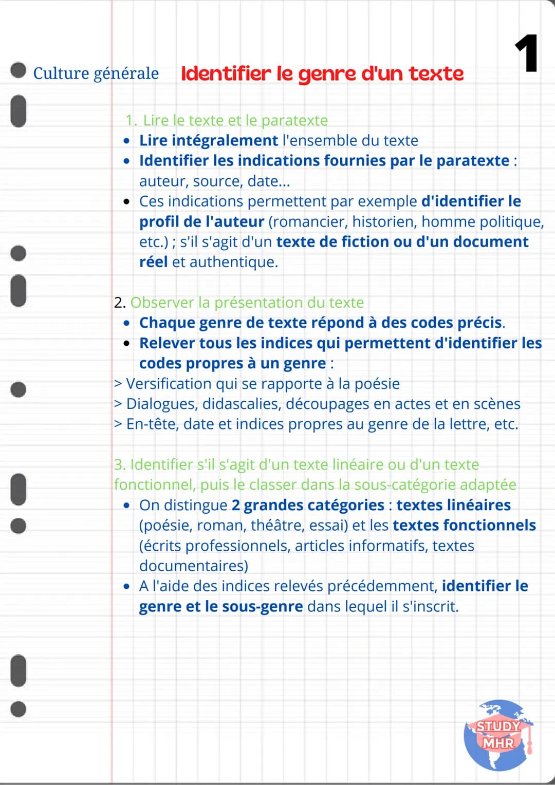 !
Culture générale Identifier le genre d'un texte
1
1. Lire le texte et le paratexte
• Lire intégralement l'ensemble du texte
• Identifier l