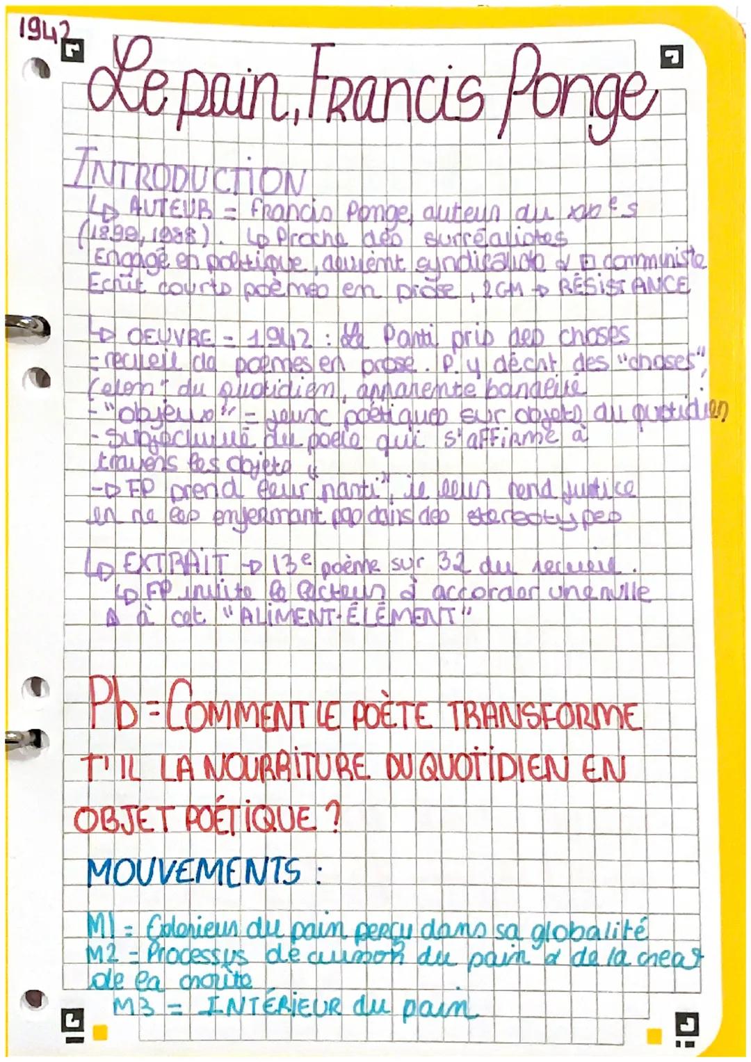 1942
G
# Le pain, Francis Ponge

## INTRODUCTION

- LAUTEUR - Francis Ponge, auteur du $xoe^s$
(1899, 1988). Lo Proche des surrealistes
- En
