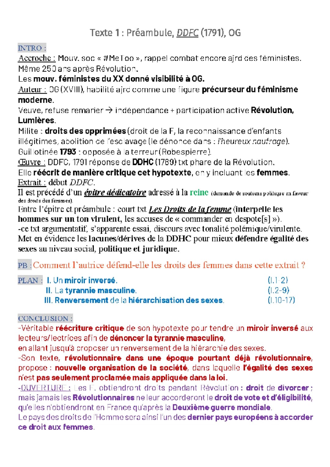 Préambule et Postambule d’Olympe de Gouges - Analyse Linéaire PDF