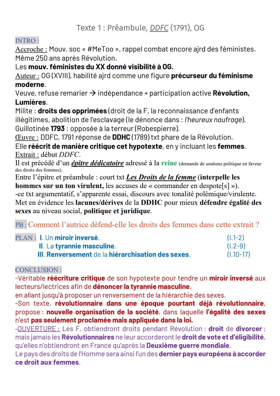 Texte 1: Préambule, DDFC (1791), OG
INTRO
Accroche : Mouv. soc «< #MeToo », rappel combat encore ajrd des féministes.
Même 250 ans après Rév