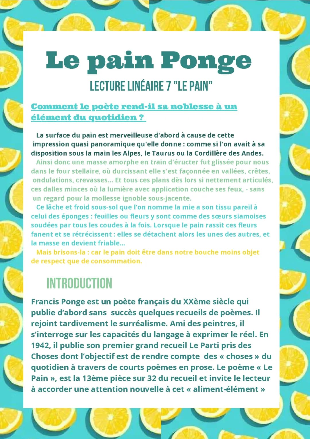 Analyse linéaire Le pain de Francis Ponge - PDF et Texte