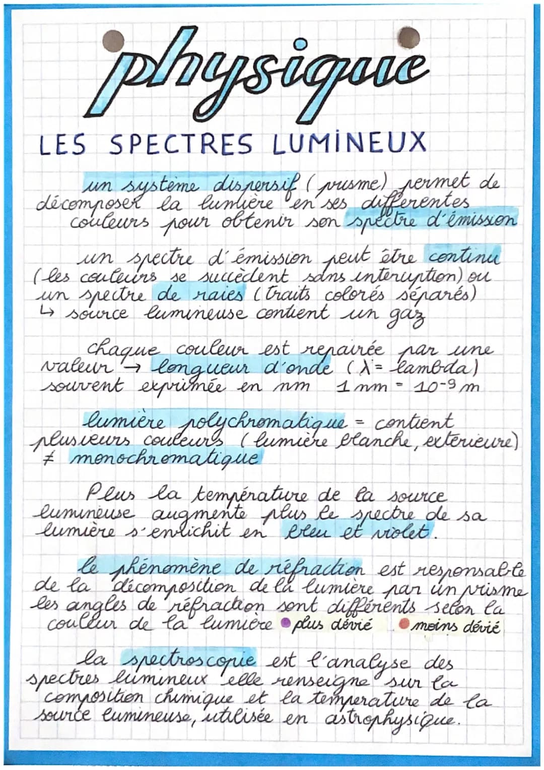 physique
LES SPECTRES LUMINEUX
un système dispersif (pusme) permet de
décomposer la lumière en ses differentes
couleurs pour obtenir son spe