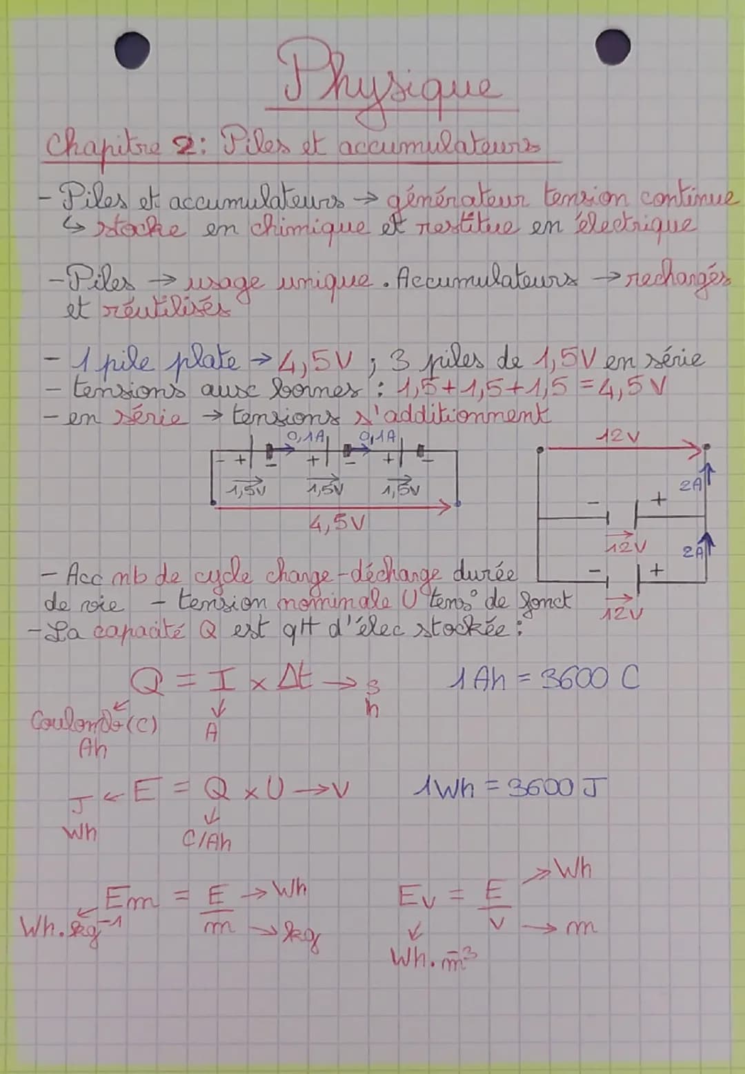 Physique
Chapitre 2: Piles et accumulateurs
- Piles et accumulateurs générateur tension continue
↳ stacke en chimique et restitue en électri