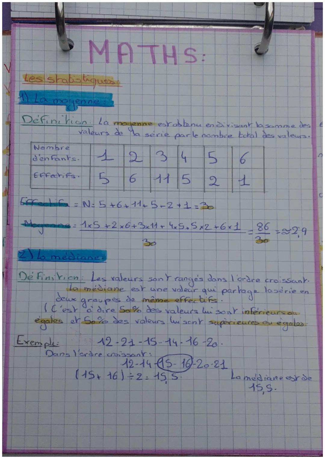MATHS:

Les statistiques

1) La moyenne

Définition. La moyenne estobtenu endivisant la somme des
valeurs de la série par le nombre total de
