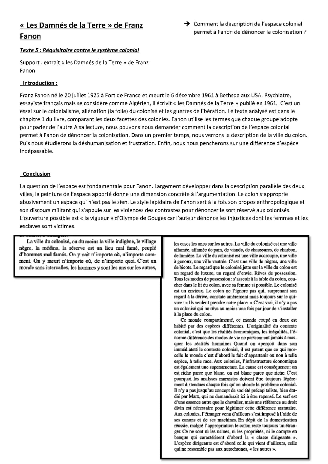 Fiche de révision: Les Damnés de la Terre de Frantz Fanon - Résumé PDF et Analyse Linéaire