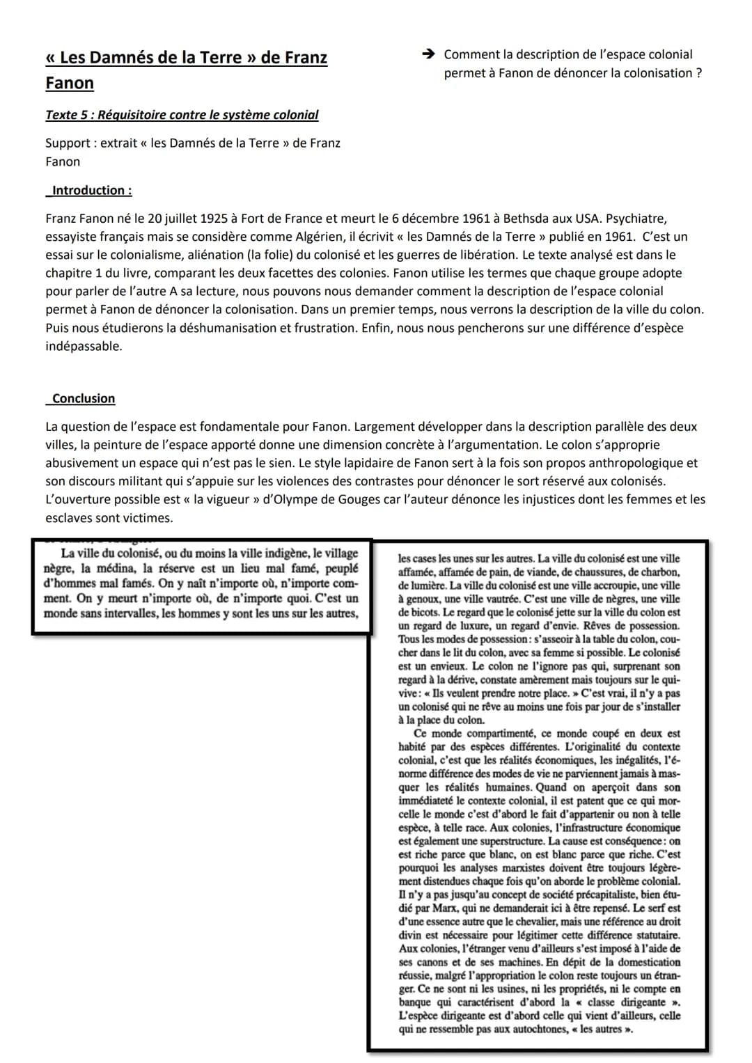 << Les Damnés de la Terre » de Franz
Fanon
Texte 5: Réquisitoire contre le système colonial
Support extrait « les Damnés de la Terre » de Fr