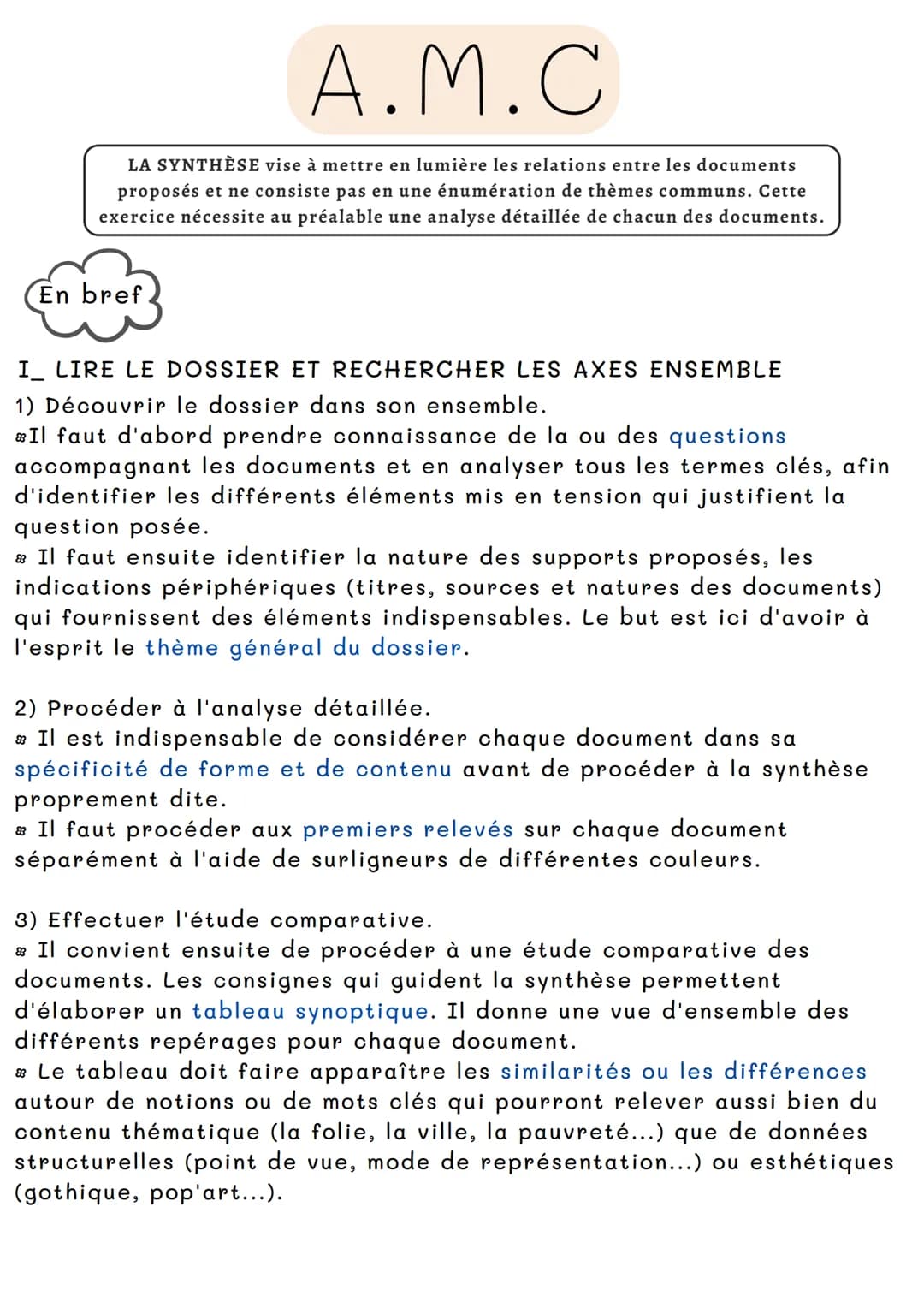 A.M.C.
LA SYNTHÈSE vise à mettre en lumière les relations entre les documents
proposés et ne consiste pas en une énumération de thèmes commu