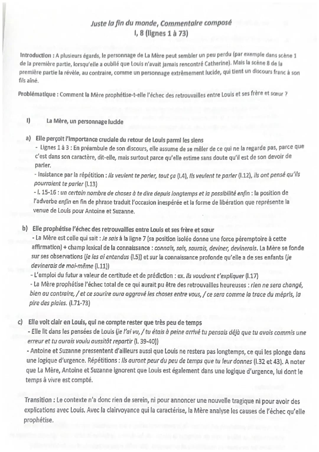 Juste la fin du monde, Commentaire composé
1, 8 (lignes 1 à 73)
Introduction: A plusieurs égards, le personnage de La Mère peut sembler un p