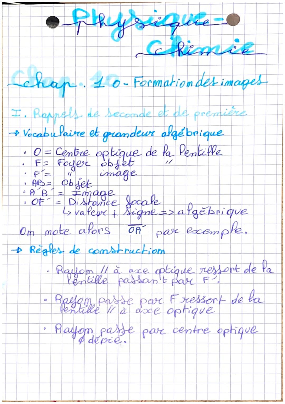 - Physil qire

Chimie

chap. 10-Formation des images

I. Rappels, de seconde et de première

→→ Vocabulaire et grandeur algébrique

- 0 = Ce