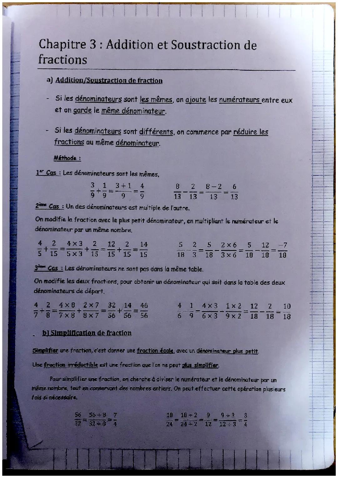 Addition et soustraction de fractions 