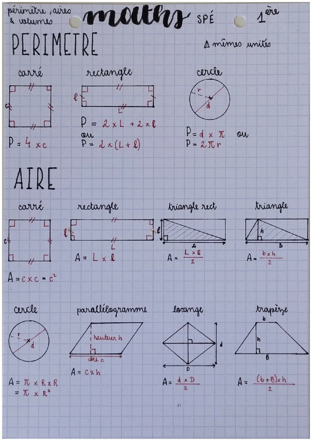 périmètre, aires
& volumes
PERIMETRE
C
U
r
carré
#
1
1
AIRE
carré
XC
cencle
#
A=CXC=C²
A = TX RX R
= I x R²
maths SPÉ
l
Р
rectangle
++
#
= 2