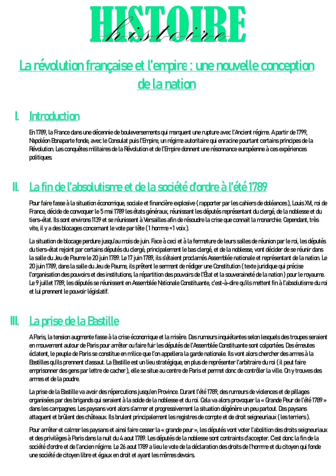 HISTOIRE
La révolution française et l'empire : une nouvelle conception
de la nation
I. Introduction
En 1789, la France dans une décennie de 