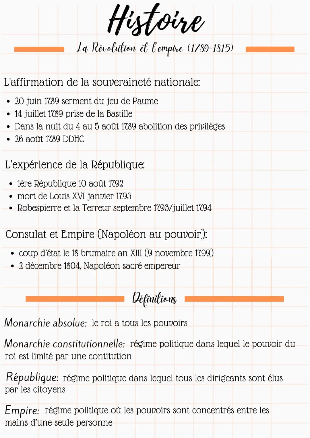 Histoire
La Révolution et l'empire (1789-1815)
L'affirmation de la souveraineté nationale:
• 20 juin 1789 serment du jeu de Paume
●
14 juill