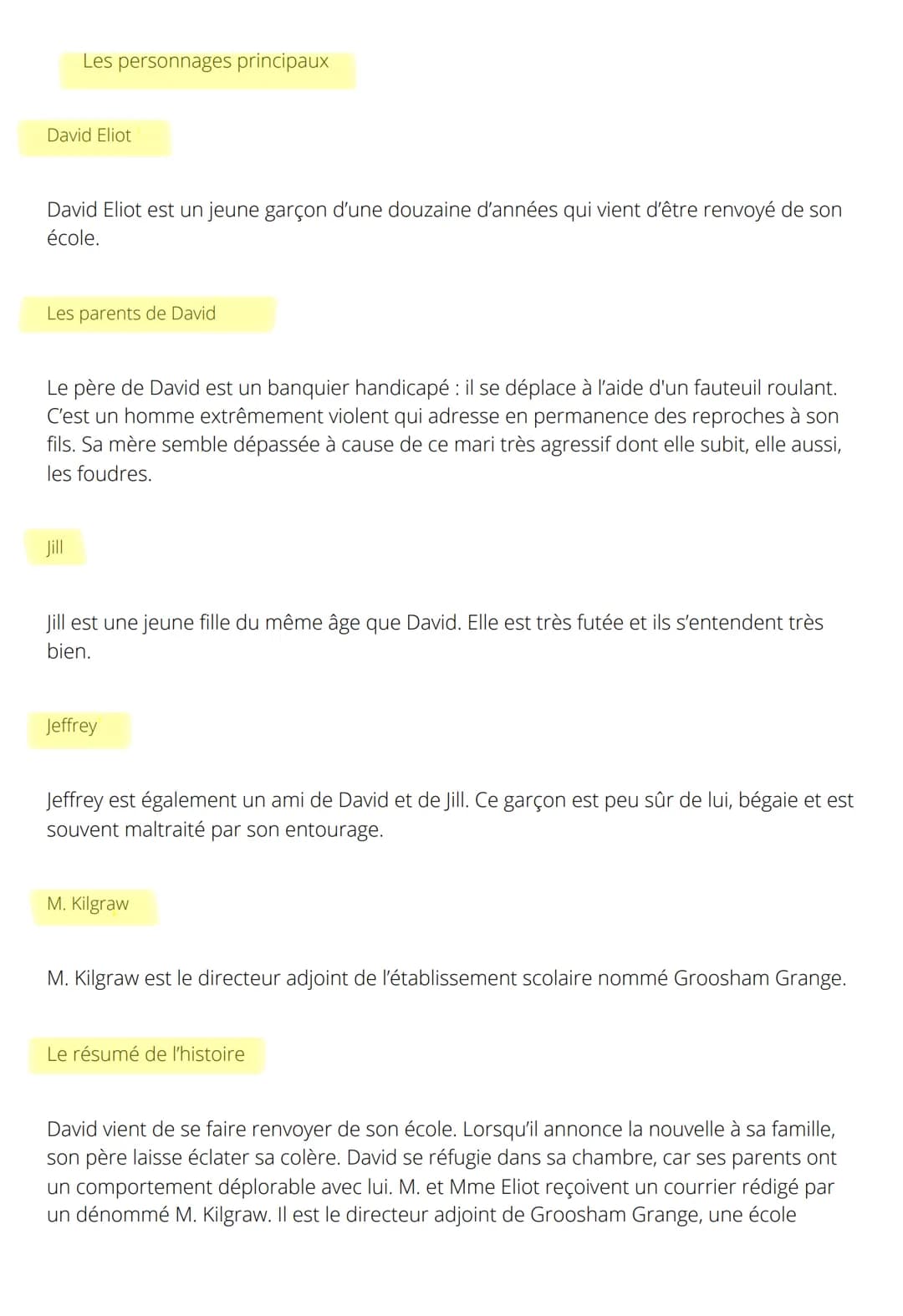 Les personnages principaux
David Eliot
David Eliot est un jeune garçon d'une douzaine d'années qui vient d'être renvoyé de son
école.
Les pa