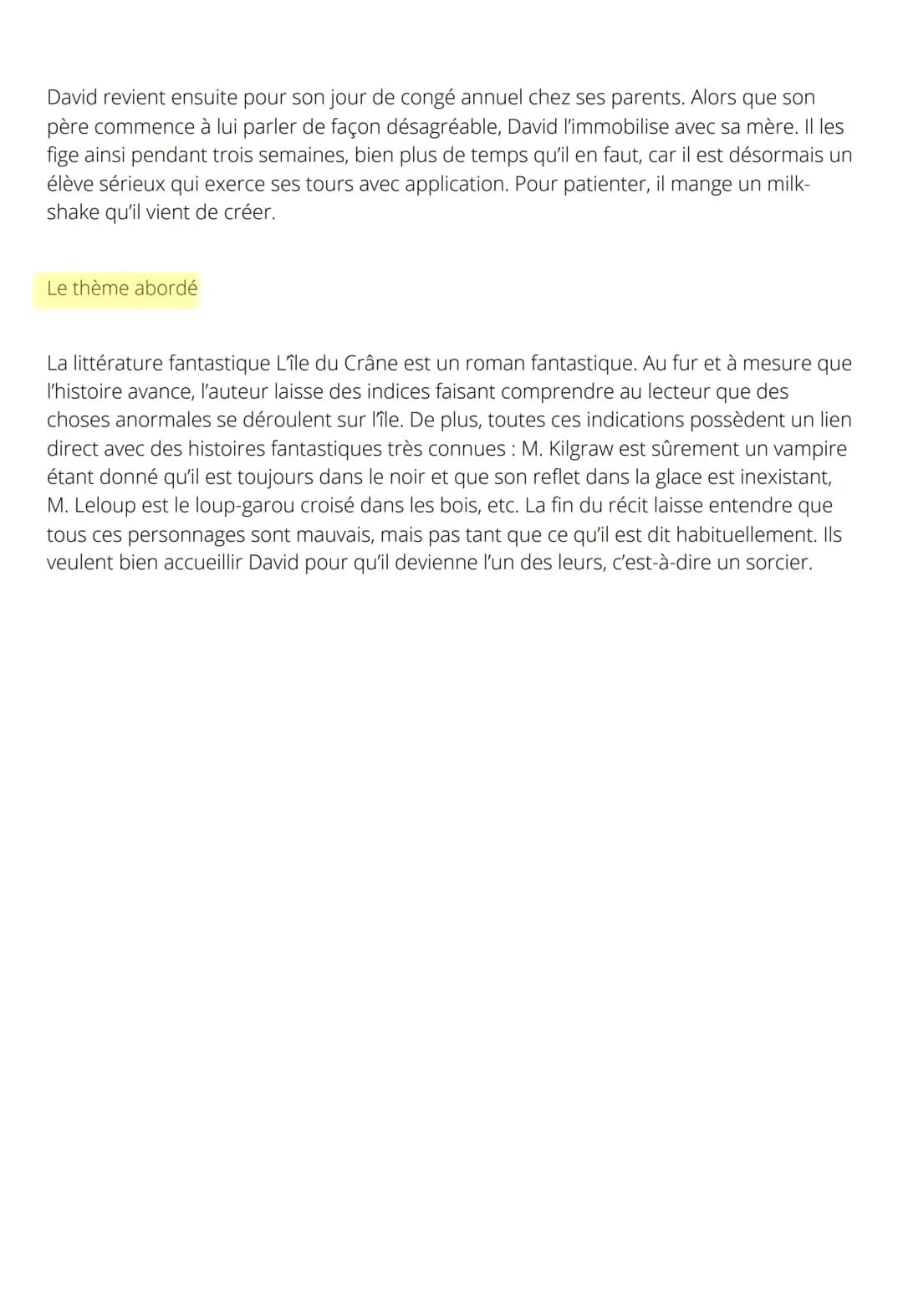 Les personnages principaux
David Eliot
David Eliot est un jeune garçon d'une douzaine d'années qui vient d'être renvoyé de son
école.
Les pa