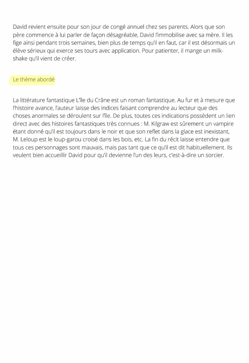 Les personnages principaux
David Eliot
David Eliot est un jeune garçon d'une douzaine d'années qui vient d'être renvoyé de son
école.
Les pa