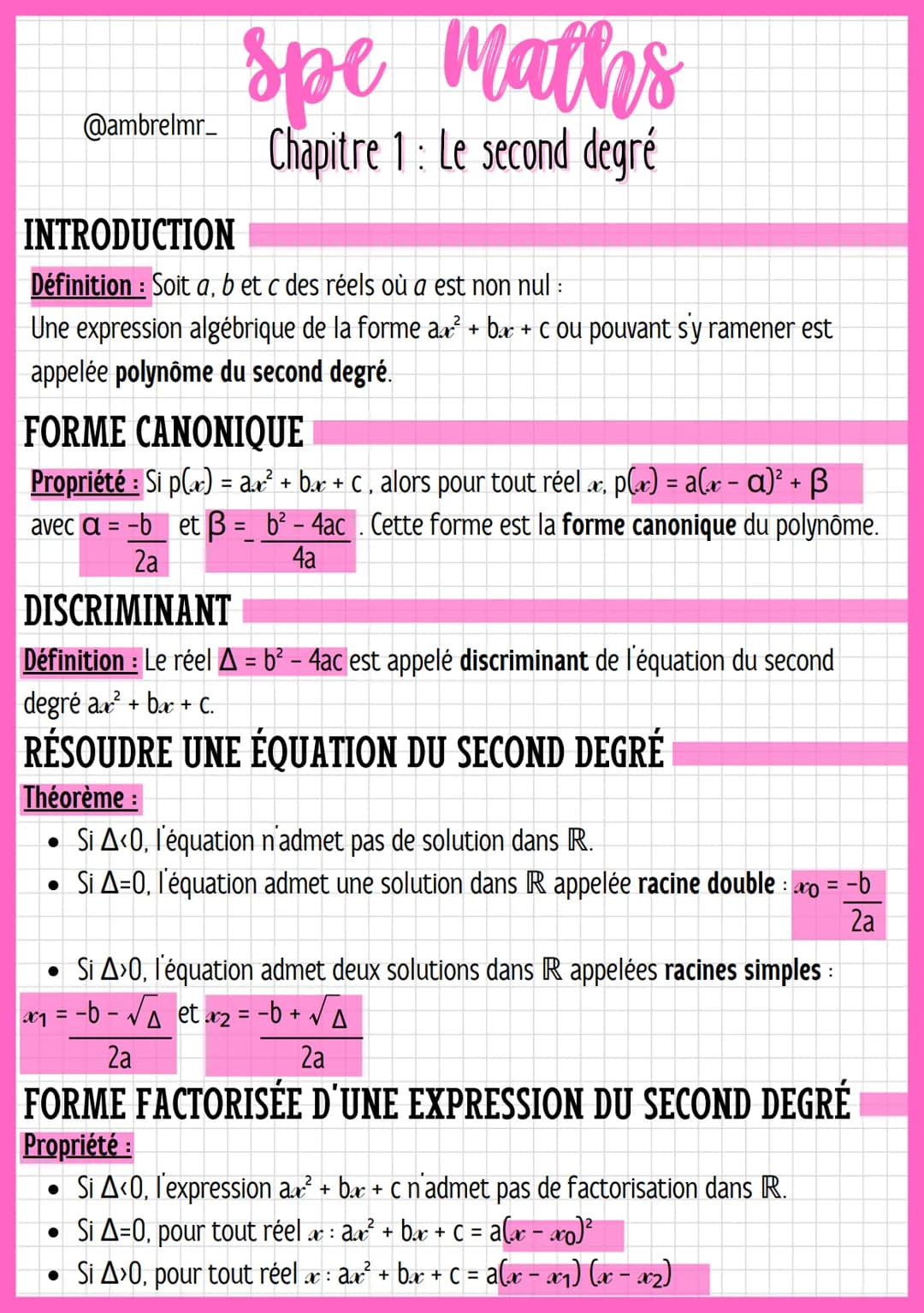 @ambrelmr_
spe Maths
Chapitre 1 : Le second degré
INTRODUCTION
Définition Soit a, b et c des réels où a est non nul :
Une expression algébri