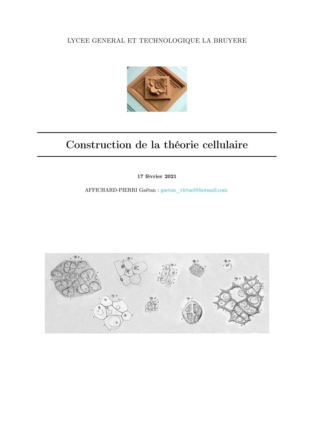 LYCEE GENERAL ET TECHNOLOGIQUE LA BRUYERE
Construction de la théorie cellulaire
17 février 2021
AFFICHARD-PIERRI Gaëtan : gaetan_virtuel@hot