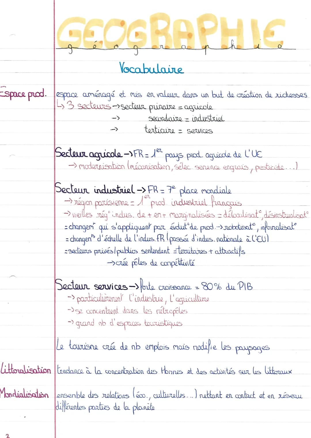 GEOGRAPHIC
Vocabulaire
Espace prod. espace aménagé et mis en valeur dans un but de création de richesses
43 secteurs->secteur prinaire = agr