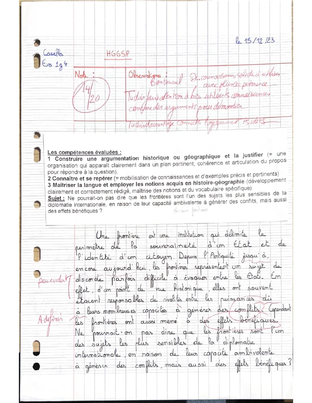 Dissertation HGGSP : frontières / copie rédigée 14/20 + correction 