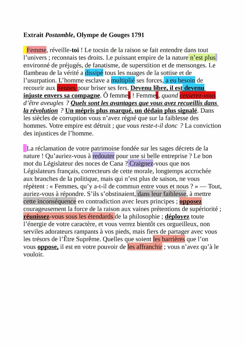 Classe de 1G, texte 3: Olympe de Gouges, Déclaration des droits de la femme et de la
citoyenne, « Postambule »>..
INTRODUCTION :
Présentatio