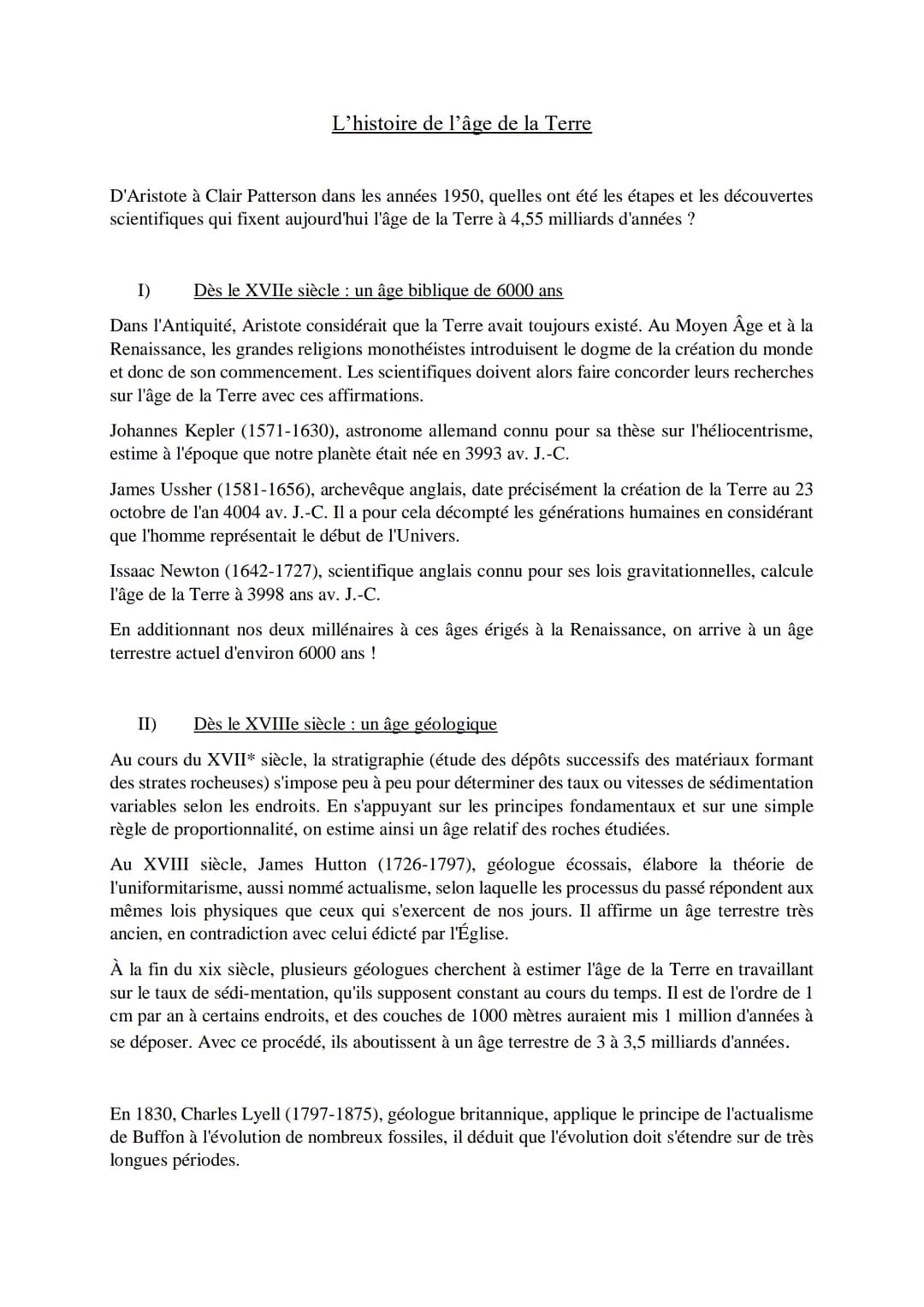 L'histoire de l'âge de la Terre
D'Aristote à Clair Patterson dans les années 1950, quelles ont été les étapes et les découvertes
scientifiqu