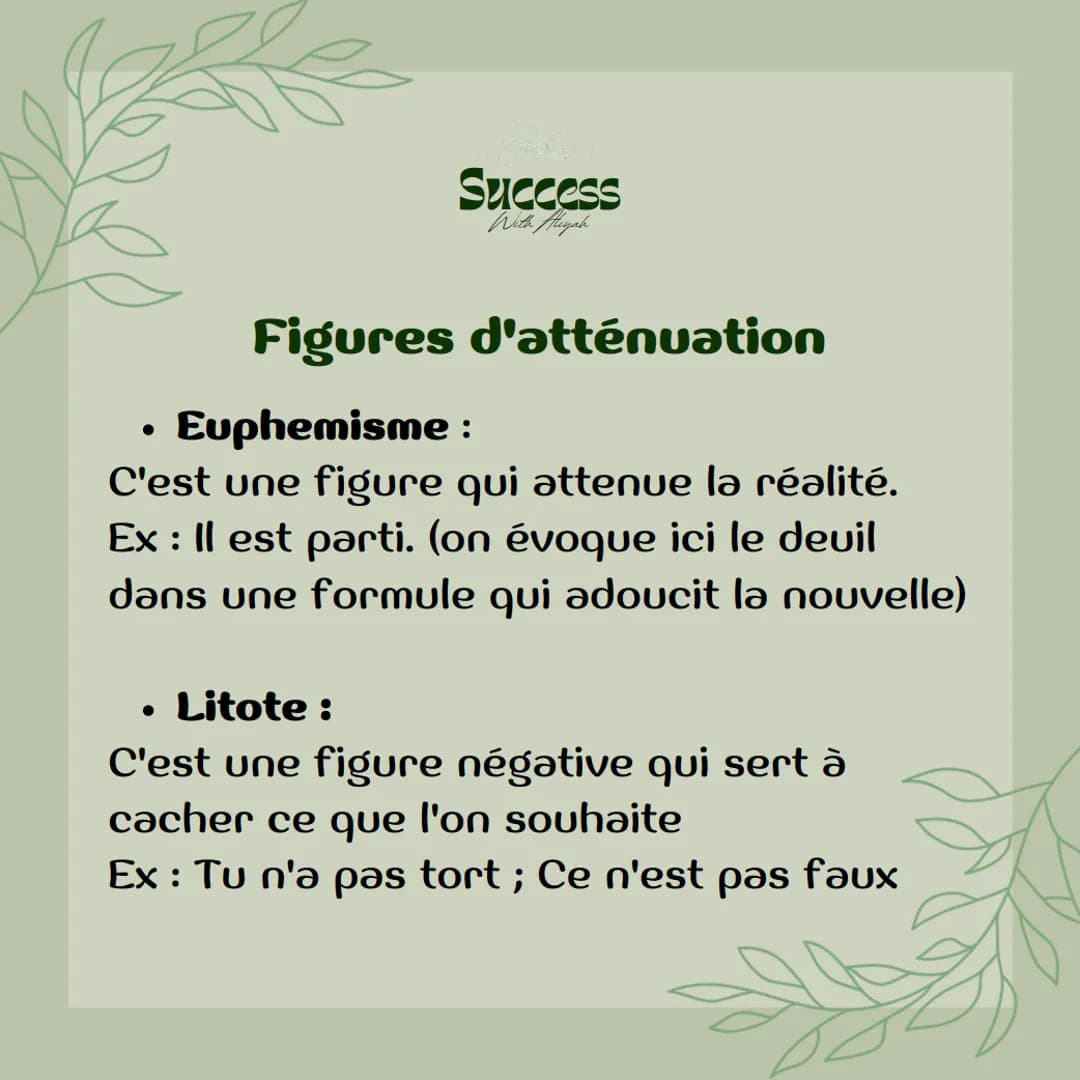 Success
With Aliyah
Les figures de
style
Seme Unde Success
With Aliyah
●
Figures d'amplification
Hyperbole :
Elle permet d'éxagérer la réali