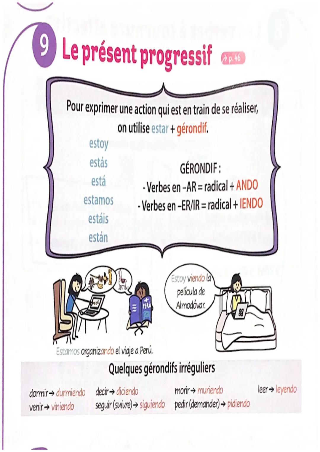 9 Le présent progressif
Pour exprimer une action qui est en train de se réaliser,
on utilise estar + gérondif.
estoy
estás
está
estamos
está