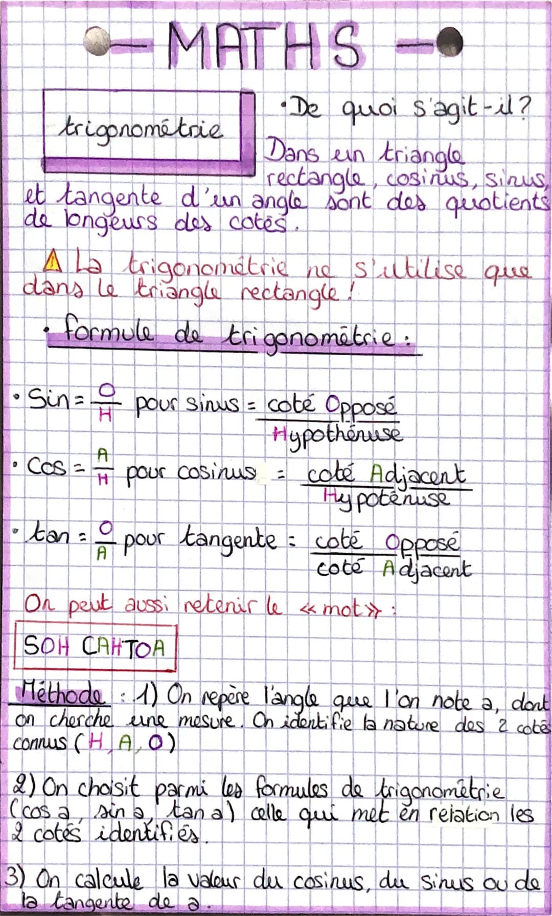 2 MATHS
O
trigonométrie
•De quoi s'agit-il?
Dans ein triangle
rectangle, cosinus, sinus,
et tangente d'un angle sont des quotients
de longeu