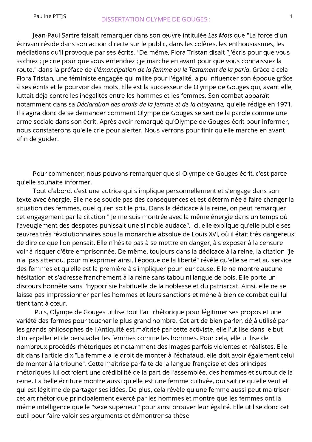 Sujet Dissertation Olympe de Gouges Corrigé et PDF