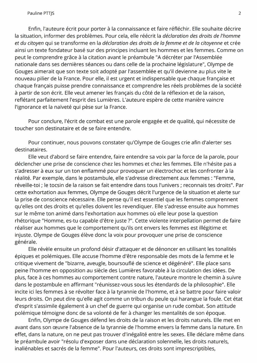 Pauline PTTJS
DISSERTATION OLYMPE DE GOUGES :
1
Jean-Paul Sartre faisait remarquer dans son œuvre intitulée Les Mots que "La force d'un
écri