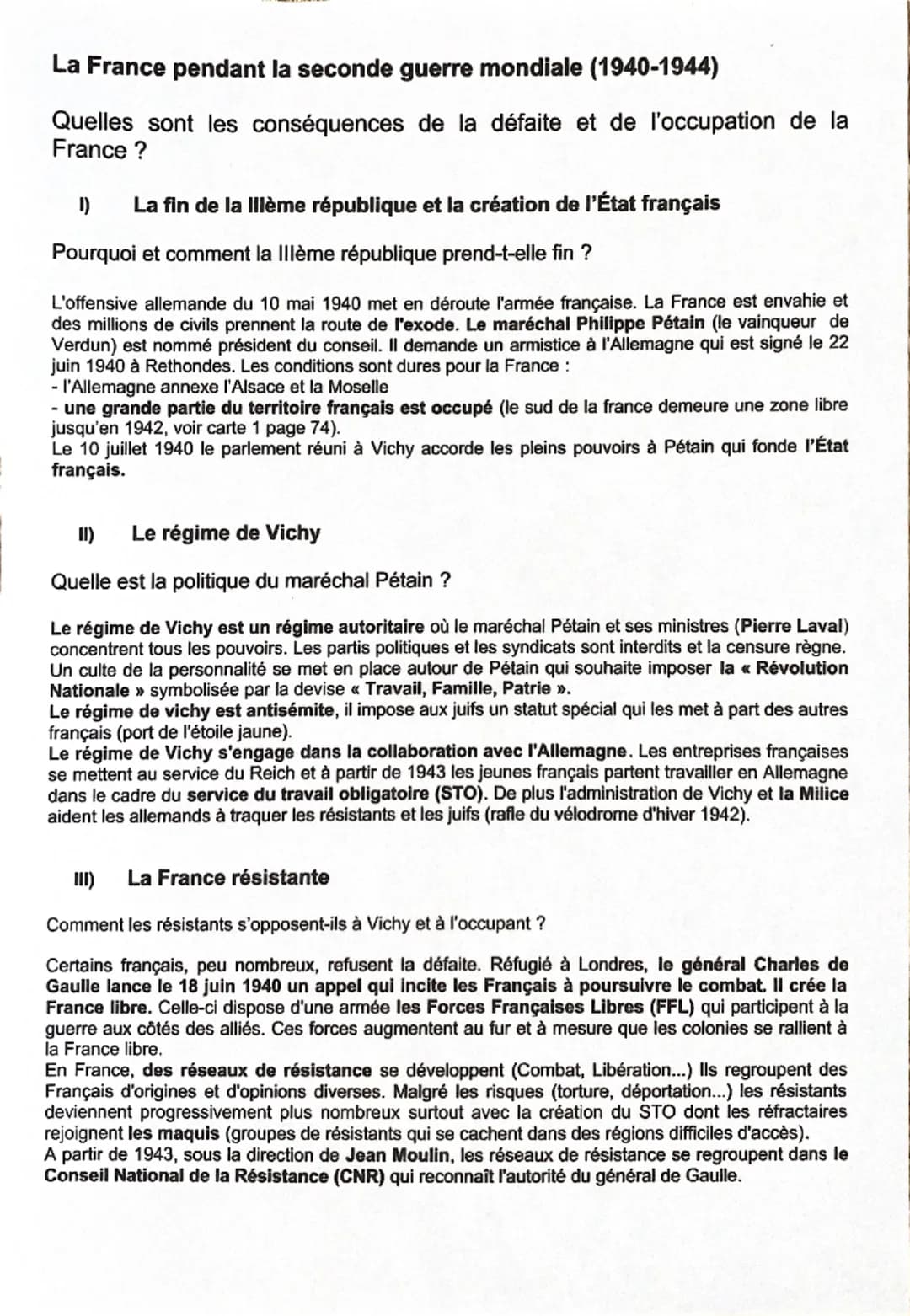 # La France pendant la seconde guerre mondiale (1940-1944)

Quelles sont les conséquences de la défaite et de l'occupation de la France ?

I