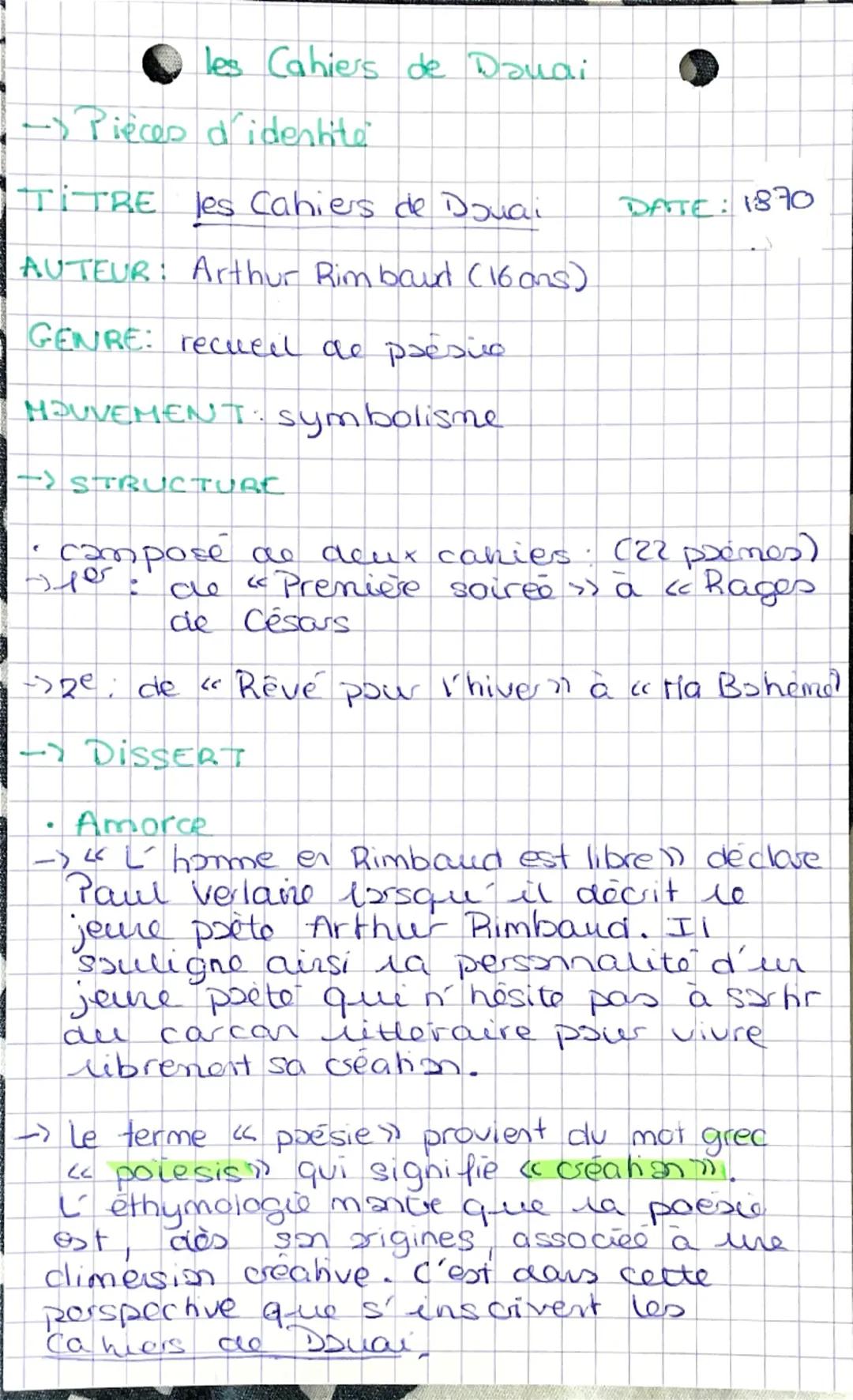 # les Cahiers de Douai

→ Pièce d'identité

TITRE: les Cahiers de Douai  DATE : 1870

AUTEUR: Arthur Rimbaud (16 ans)

GENRE: recueil de poé