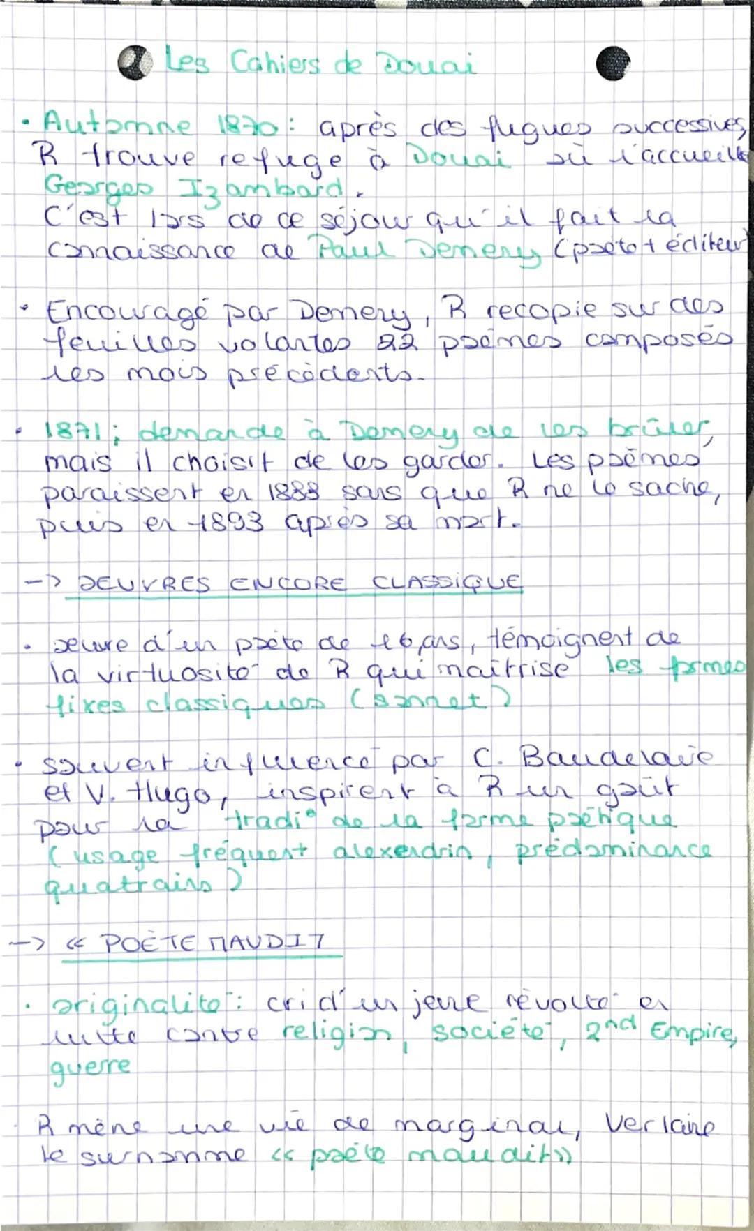 # les Cahiers de Douai

→ Pièce d'identité

TITRE: les Cahiers de Douai  DATE : 1870

AUTEUR: Arthur Rimbaud (16 ans)

GENRE: recueil de poé