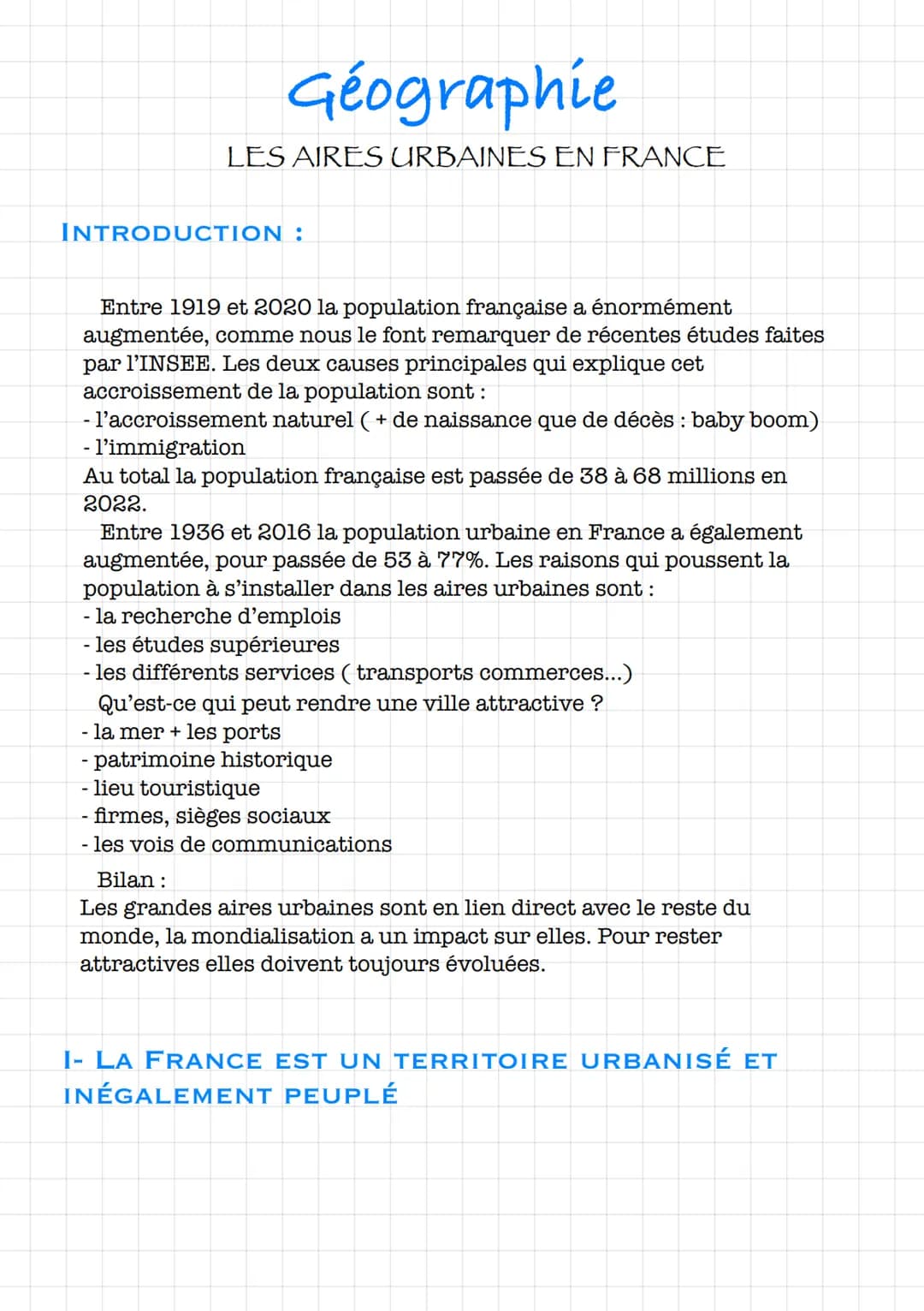 Géographie
LES AIRES URBAINES EN FRANCE
INTRODUCTION :
Entre 1919 et 2020 la population française a énormément
augmentée, comme nous le font