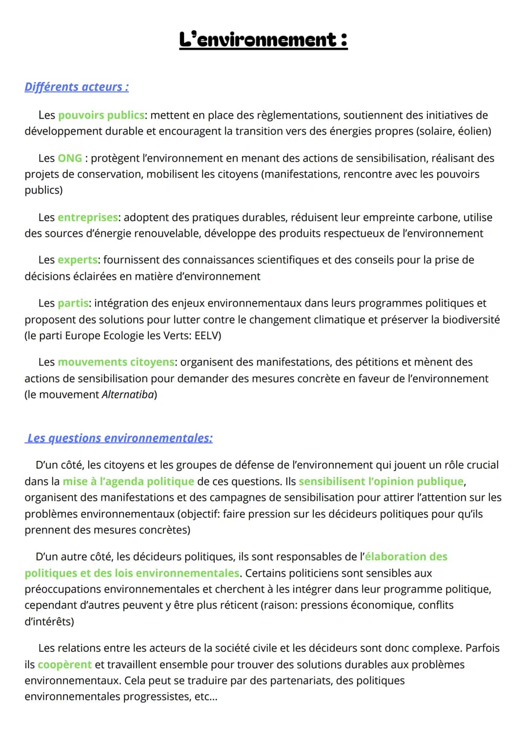 L'environnement:
Différents acteurs :
Les pouvoirs publics: mettent en place des règlementations, soutiennent des initiatives de
développeme