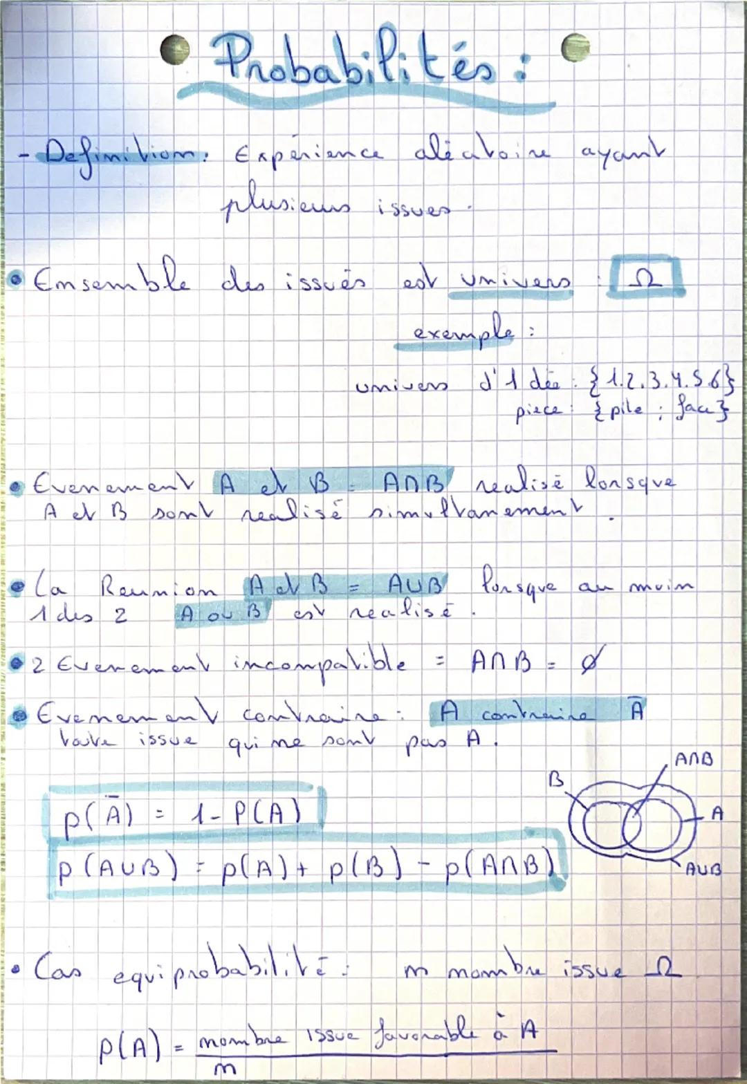 # Probabilités:

- Definition: Experience aléatoire ayant
plusieurs issues

*   Ensemble des issues est univers. $\Omega$

    exemple:

   