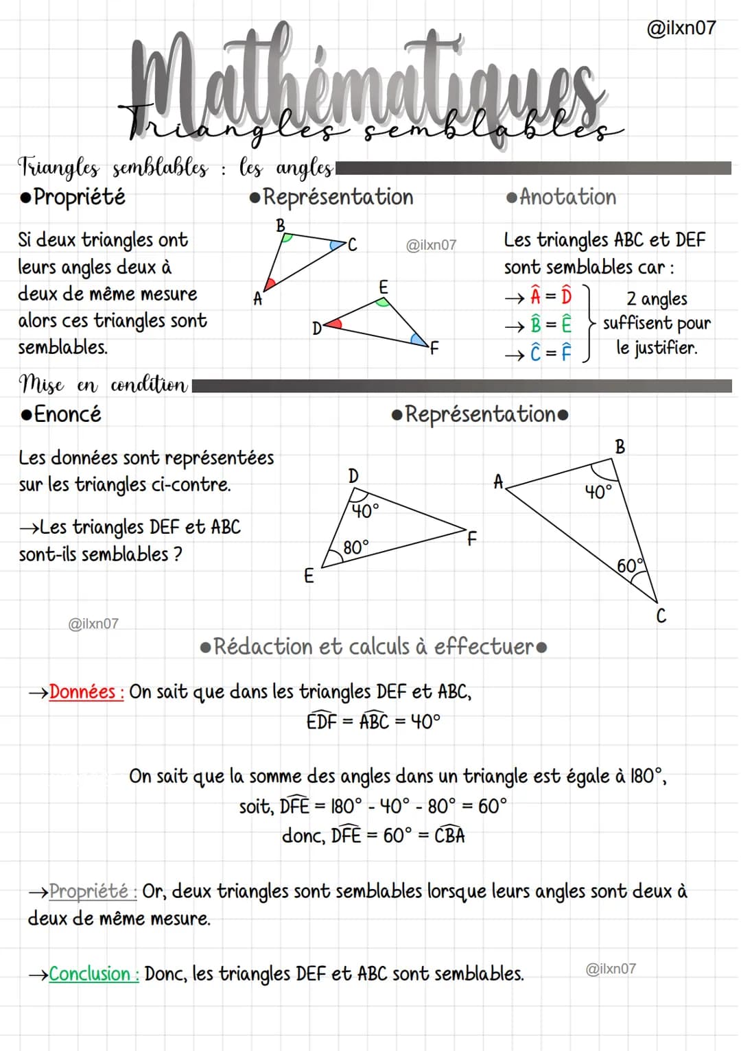 Mathématiques.
Triangles semblables : les longueurs
●Propriété
Si les longueurs des 3
côtés sont proportio-
nnelles (agrandissement)
alors l