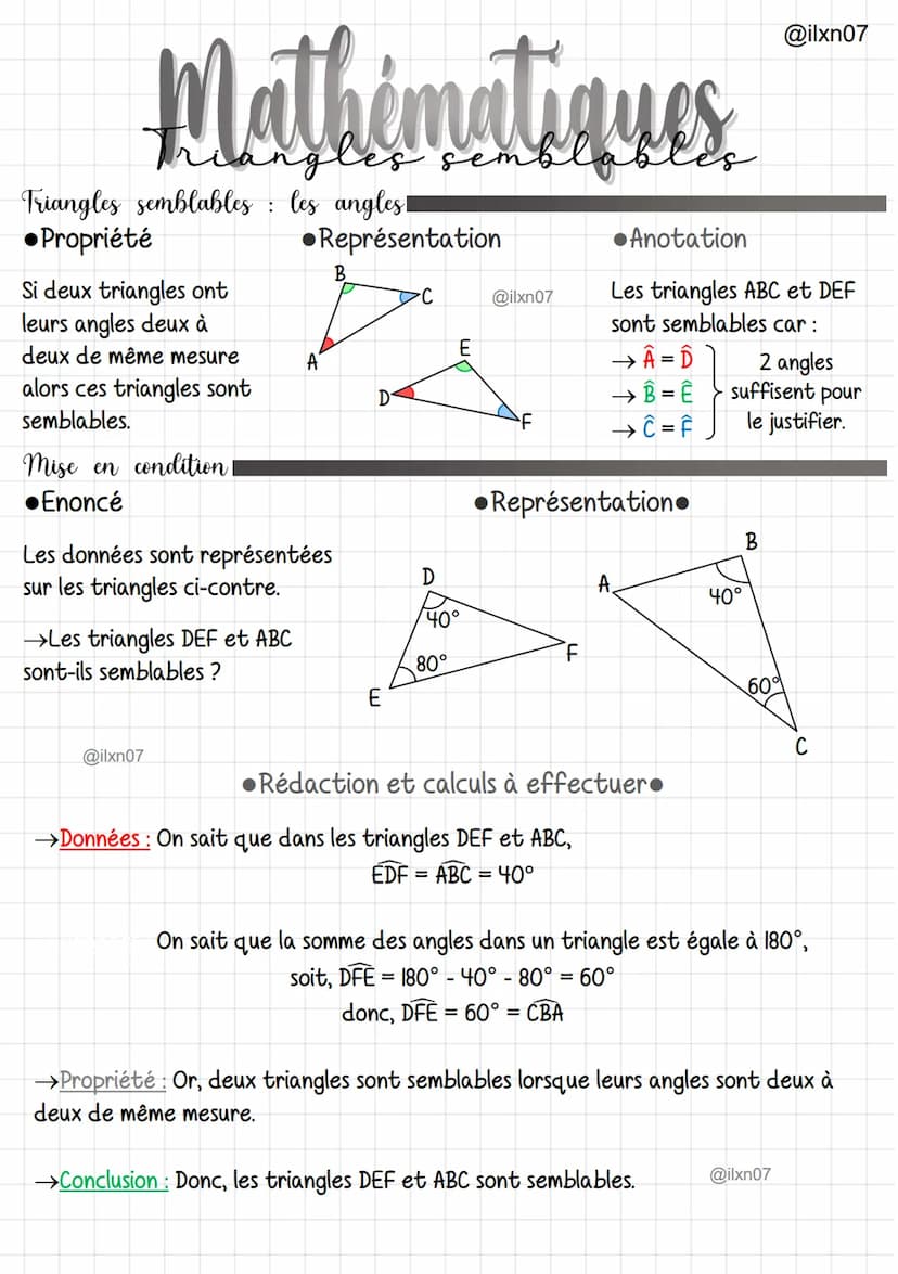 Mathématiques.
Triangles semblables : les longueurs
●Propriété
Si les longueurs des 3
côtés sont proportio-
nnelles (agrandissement)
alors l