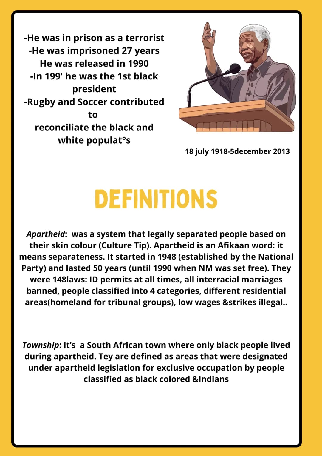 SOUTH
AFRICA
NAMIBIA
ATLANTIC
OCEAN
Cape Town
black-black people-
BOTSWANA
yellow= gold &natural
ressources
Johannesburg
ZIMBABWE
Bloemfonte