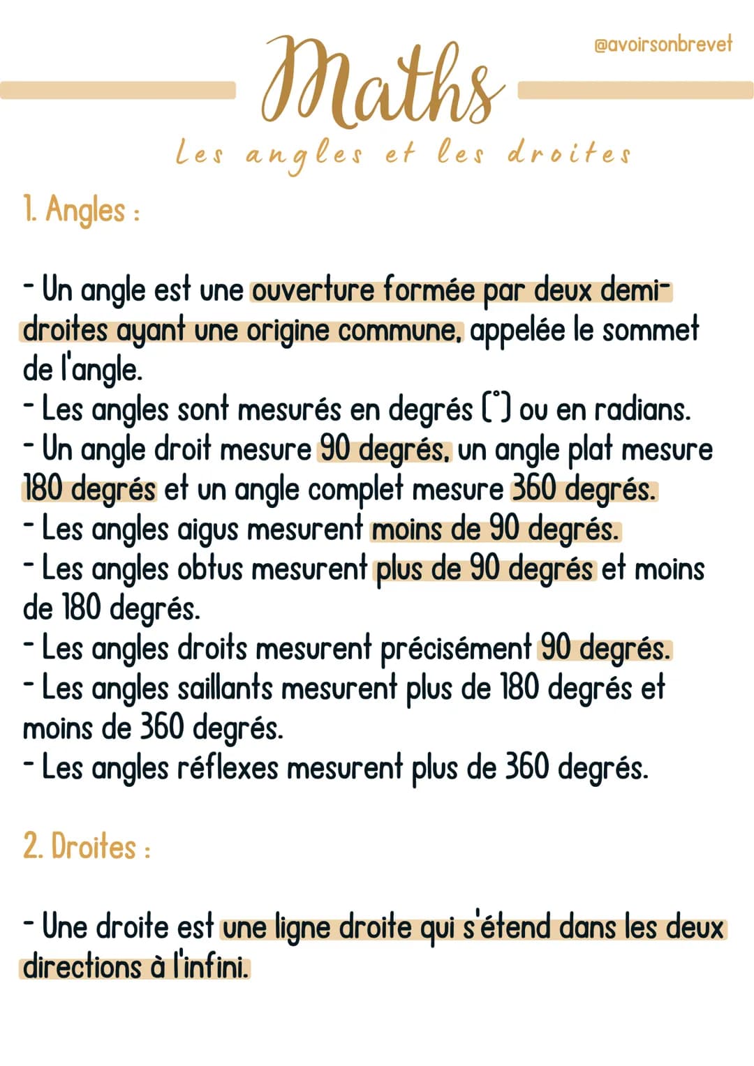 @avoirsonbrevet
Maths
Les angles et les droites
1. Angles :
- Un angle est une ouverture formée par deux demi-
droites ayant une origine com