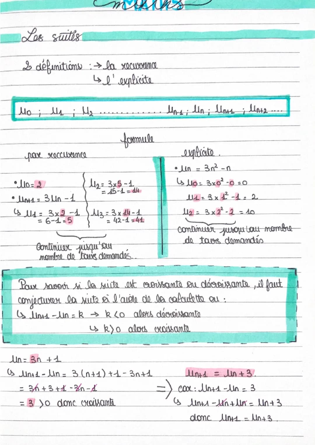 Les suites
2 définitions : la recurrence
↳s l'explicite
Mo; ls; M₂
i
pare reccurrence
sicho
2 - ملل
formule
,4 - 3x5 ملل
=15-1=14
• Ul61: 3l