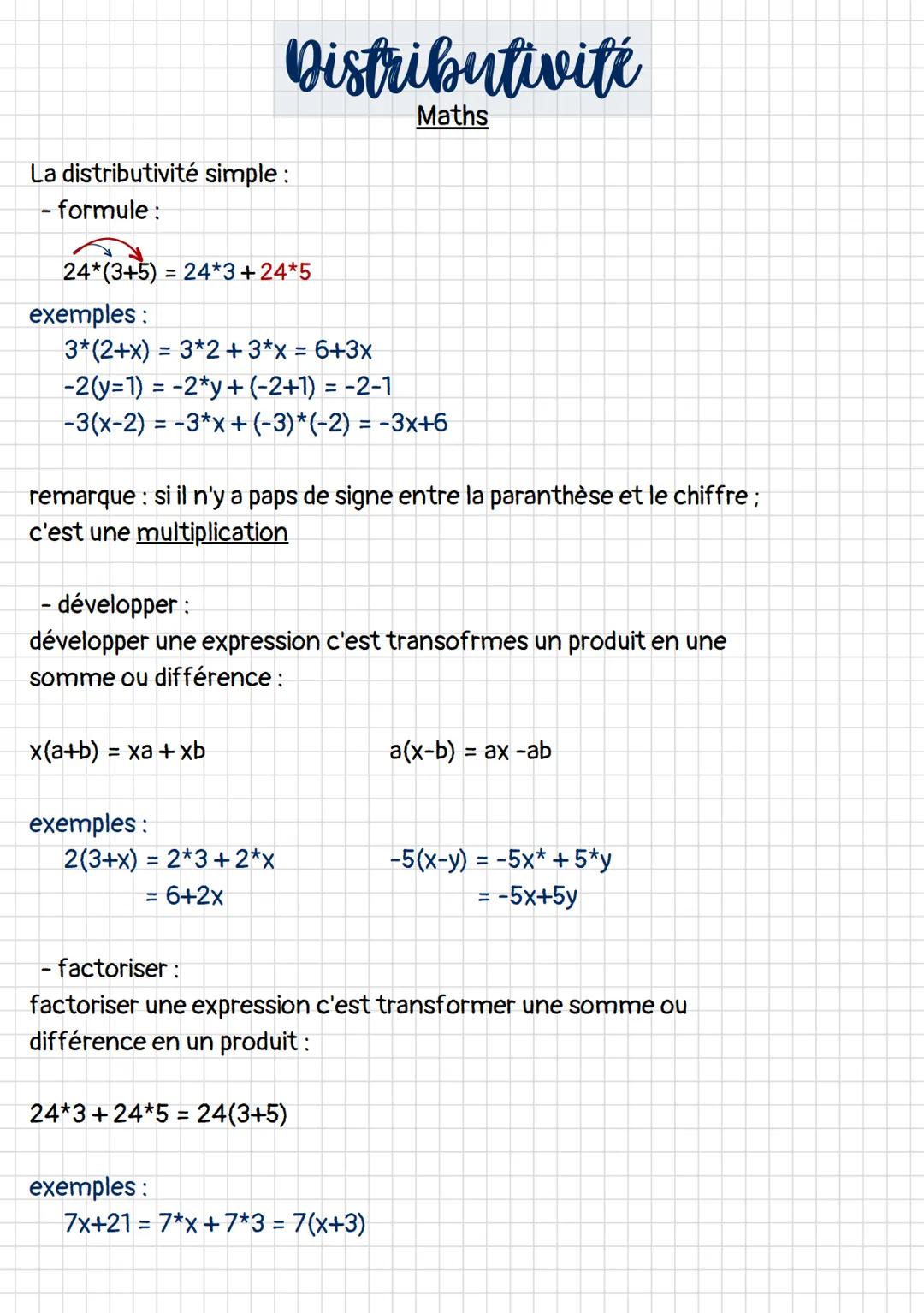 La distributivité simple :
- formule :
24*(3+5) = 24*3+24*5
exemples:
3* (2+x)=3*2 + 3*x = 6+3x
-2(y=1) = -2*y+ (-2+1) = -2-1
-3(x-2) = -3*x