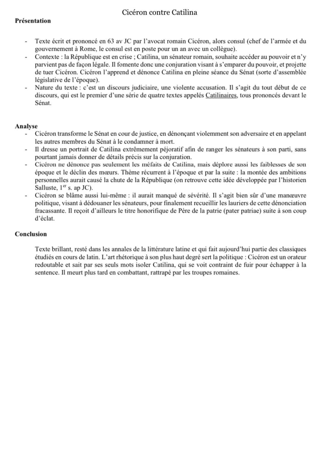 Présentation
Texte écrit et prononcé en 63 av JC par l'avocat romain Cicéron, alors consul (chef de l'armée et du
gouvernement à Rome, le co